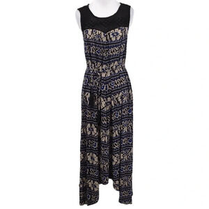 Lucky Brand Dress Womens XS Black Blue Floral Maxi‎ Crochet Bodice Sleeveless